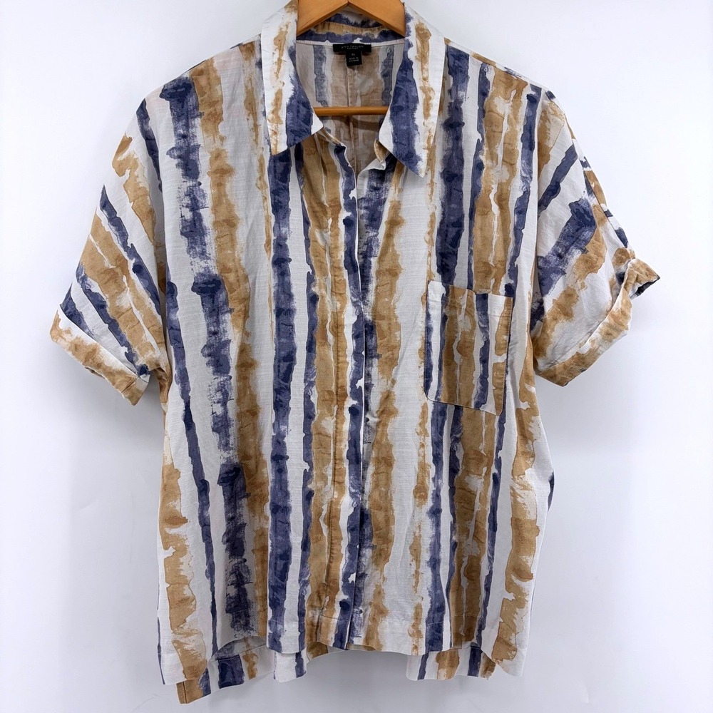 Ann Taylor Blue Tan Watercolor Stripe Modal Cotton Button Down Shirt/Jacket‎ XL